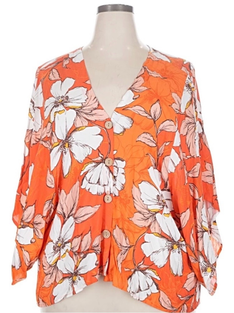 Unique Spectrum 2X womens Orange tropical Floral Button-Down Blouse 3/4 sleeve